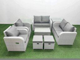 Rackhams 8 Seater Outdoor Reclining Chair Love Sofa Set Rattan Garden Furniture Set with Rectangular Coffee Table 2 Stools Side Table Light Grey - thumbnail 1