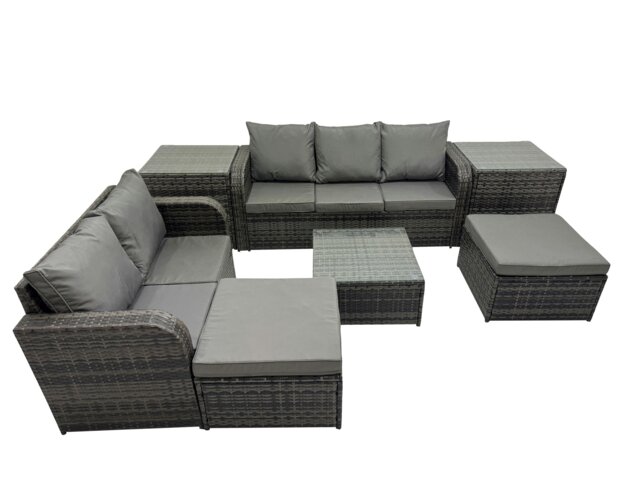 Rackhams Wicker PE Rattan Garden Outdoor Furniture Set Love Sofa Square Coffee Table Set with 2 Big Stools 2 Side Tables Dark Grey Mixed - image 1