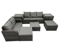 Rackhams Wicker PE Rattan Garden Outdoor Furniture Set Love Sofa Square Coffee Table Set with 2 Big Stools 2 Side Tables Dark Grey Mixed - thumbnail 1