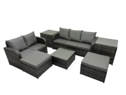 Rackhams Wicker PE Rattan Garden Outdoor Furniture Set Love Sofa Square Coffee Table Set with 2 Big Stools 2 Side Tables Dark Grey Mixed - thumbnail 2