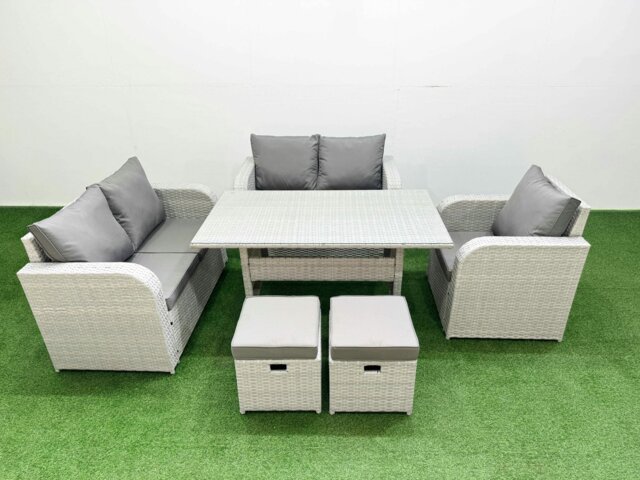 Rackhams High Back Poly Rattan Garden Furniture Set - Light Grey Indoor/Outdoor Patio Set with Reclining Chair & Rectangular Dining Table - image 1