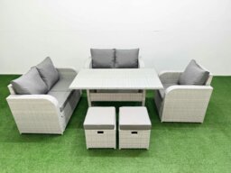 Rackhams High Back Poly Rattan Garden Furniture Set - Light Grey Indoor/Outdoor Patio Set with Reclining Chair & Rectangular Dining Table - thumbnail 1