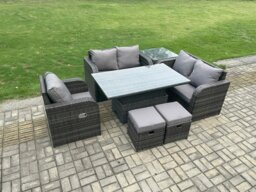 Rackhams 7 Seater Rattan Furniture Garden Dining Set Outdoor Height Adjustable Rising lifting Table Love Sofa Chair With Side Table 2 Footstools - thumbnail 2