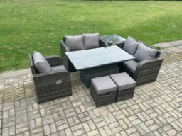 Rackhams 7 Seater Rattan Furniture Garden Dining Set Outdoor Height Adjustable Rising lifting Table Love Sofa Chair With Side Table 2 Footstools - thumbnail 1