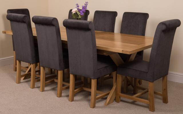 Rackhams Vermont Cross Leg Oak Extending Dining Table with Washington Fabric Chairs - 8 chairs - Black