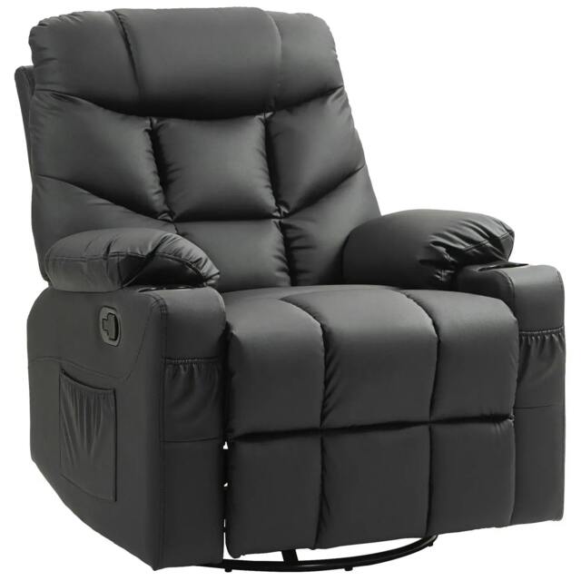 Rackhams Manual Reclining Chair, Recliner Armchair with Swivel, Faux Leather, Footrest, Cup Holders, 86x93x102cm, Black