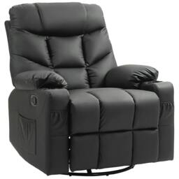Rackhams Manual Reclining Chair, Recliner Armchair with Swivel, Faux Leather, Footrest, Cup Holders, 86x93x102cm, Black - Black