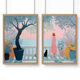 Rackhams Wall Decor Hallway - Set of 2 Italian Lifestyle Wall art Prints - 20 x 30 in / 50 x 76 cm - Matte Museum Quality Art Paper 290 gsm - Oak Frame