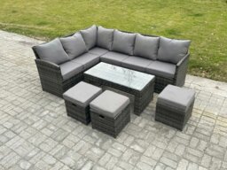 Rackhams 9 Seater Outdoor Rattan Garden Furniture Set Corner Sofa Oblong Coffee Table Sets with Patio 3 Small Footstools Dark Grey Mixed - thumbnail 1
