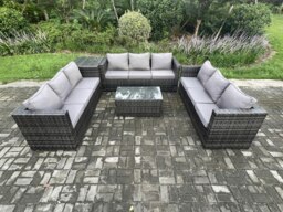Rackhams 9 Seater Outdoor Lounge Sofa Set Wicker PE Rattan Garden Furniture Set with Oblong Coffee Table Side Table Dark Grey Mixed - thumbnail 2