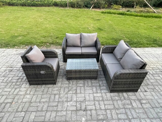 Rackhams High Back Rattan Garden Furniture Set with Loveseat Sofa Rectangular Coffee Table Indoor Outdoor Patio Lounge Sofa Set Dark Grey Mixed - image 1
