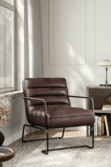 Rackhams Mid-Century PU Leather Striped Leisure Armchair with Metal Base - Brown - image 1