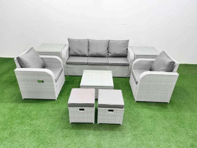 Rackhams PE Rattan Garden Furniture Set Reclining Chair Sofa Lounge Sofa Set Square Coffee Table 2 Side Table 2 Small Stools Light Grey - image 1
