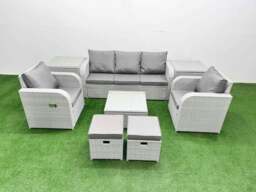 Rackhams PE Rattan Garden Furniture Set Reclining Chair Sofa Lounge Sofa Set Square Coffee Table 2 Side Table 2 Small Stools Light Grey - thumbnail 1