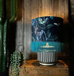 "Rackhams Handmade Fringed Velvet Lampshade with Gold Lining in Twilight - Table / Floor Lamp - 25cm diameter x 25cm Height (10"" x 10"")" - thumbnail 2