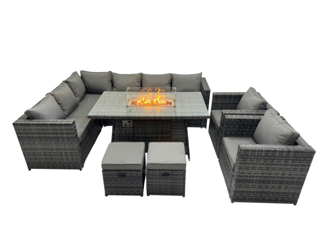 Rackhams Rattan Garden Furniture Dining Set 10 seater Gas Fire Pit Dining Table Corner Sofa Set with 2 Small Stool Dark Grey Mixed - image 1