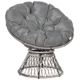 Rackhams 360° Swivel Rattan Papasan Moon Bowl Chair Round Outdoor w/ Padded-Grey - Grey - Steel, PE Rattan, Polyester - 87cm x 97cm x 86cm - thumbnail 2