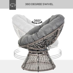 Rackhams 360° Swivel Rattan Papasan Moon Bowl Chair Round Outdoor w/ Padded-Grey - Grey - Steel, PE Rattan, Polyester - 87cm x 97cm x 86cm - thumbnail 3