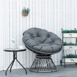 Rackhams 360° Swivel Rattan Papasan Moon Bowl Chair Round Outdoor w/ Padded-Grey - Grey - Steel, PE Rattan, Polyester - 87cm x 97cm x 86cm - thumbnail 1