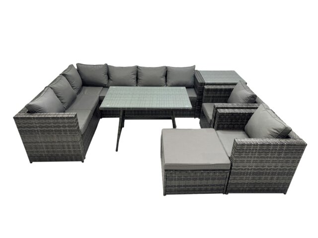 Rackhams 9 seater Outdoor PE Rattan Sofa Set with Dining Table Patio Garden Furniture Sets with 2 Chair Big Stool Side Table Dark Grey Mixed - image 1
