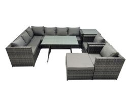 Rackhams 9 seater Outdoor PE Rattan Sofa Set with Dining Table Patio Garden Furniture Sets with 2 Chair Big Stool Side Table Dark Grey Mixed - thumbnail 1