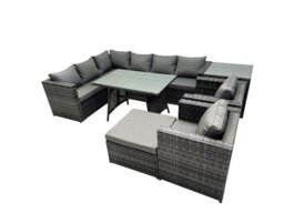 Rackhams 9 seater Outdoor PE Rattan Sofa Set with Dining Table Patio Garden Furniture Sets with 2 Chair Big Stool Side Table Dark Grey Mixed - thumbnail 2