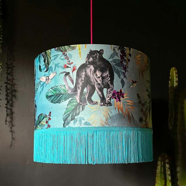 "Rackhams Handmade Fringed Velvet Lampshade in Lithium - Ceiling Pendant / Arc Lamp - 35cm diameter x 25cm Height (14"" x 10"")" - image 1