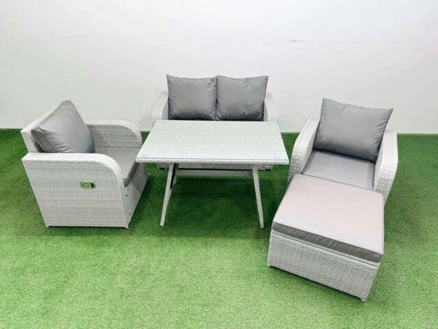 Rackhams Light Grey PE Wicker Rattan Garden Furniture Set Sofa Set Reclining Chair Love Sofa Rectangular Dining Table Big Stool - image 1