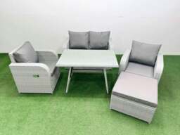 Rackhams Light Grey PE Wicker Rattan Garden Furniture Set Sofa Set Reclining Chair Love Sofa Rectangular Dining Table Big Stool - thumbnail 1