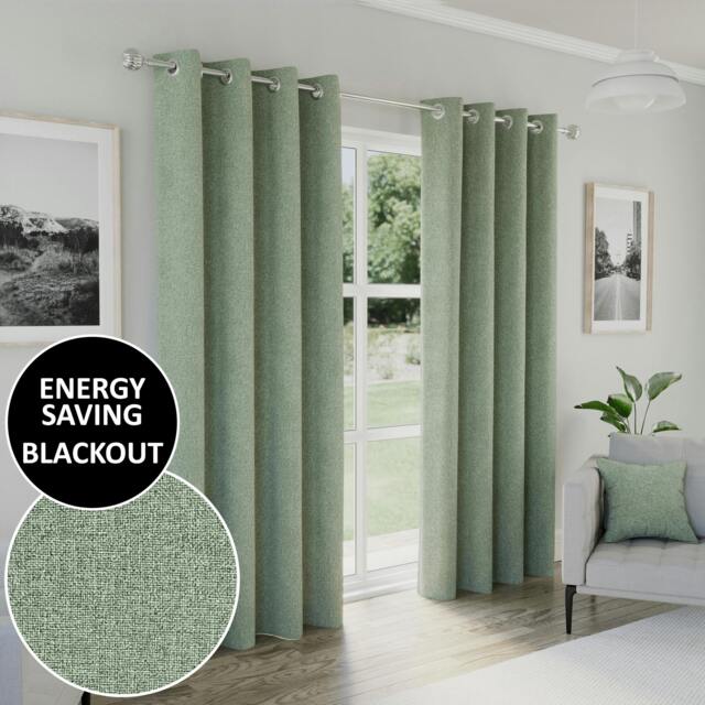 "Rackhams Green Textured Basketweave 100% Blackout Pencil Pleat Thermal Energy Saving Curtains - Ideal for Living Rooms & Bedrooms - 46"" (117cm) Width x 72"" (183cm) Drop" - image 1