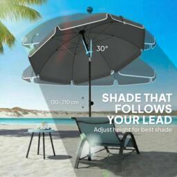Rackhams 1.8 m Beach Umbrella Parasol with Sand Anchor, Tilt - Beach Umbrella - Grey and White - thumbnail 5