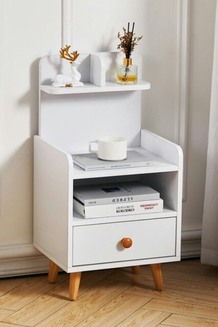 Rackhams One Drawer Wooden Bedside Table With Wooden Legs - White - image 1