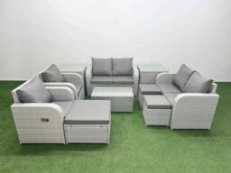 Rackhams 9 Seater Outdoor Reclining Chair Love Sofa Set Rattan Garden Furniture Set with Rectangular Coffee Table 3 Stools 2 Side Table Light Grey - thumbnail 1