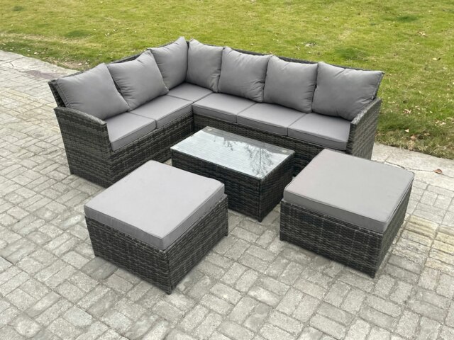 Rackhams 8 Seater Rattan Lounge Corner Sofa Set Wicker PE Outdoor Garden Furniture Set with Coffee Table 2 Big Fotstools Dark Grey Mixed - image 1