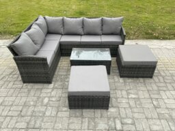 Rackhams 8 Seater Rattan Lounge Corner Sofa Set Wicker PE Outdoor Garden Furniture Set with Coffee Table 2 Big Fotstools Dark Grey Mixed - thumbnail 2