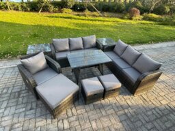 Rackhams Wicker 9 Pieces Rattan Garden Furniture Sofa Set with Rectangular Dining Table Armchair 3 Footstools 2 Side Tables Dark Grey Mixed - thumbnail 2