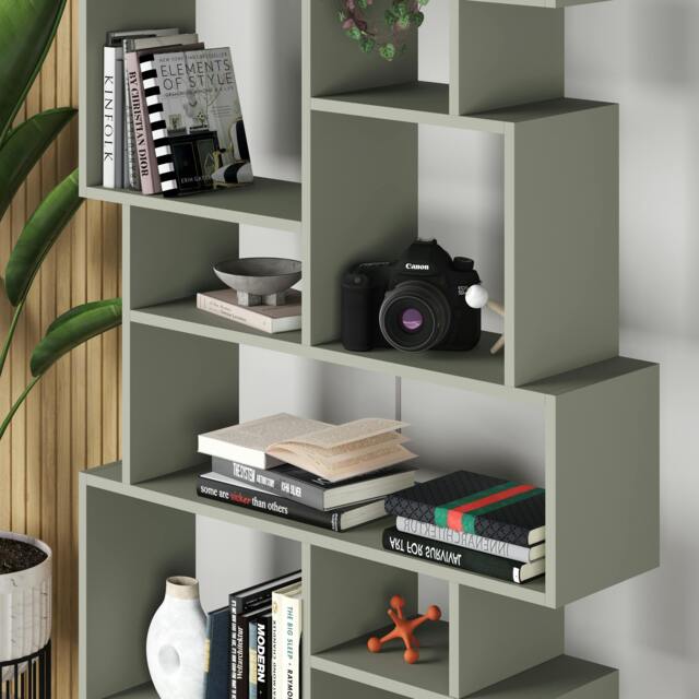 Rackhams Karmato Modern Bookcase Display Unit with 10 Compartments 168.5cm Tall - Ash Green - image 1