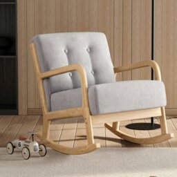 Rackhams Linen Rocking Chair Upholstered Seat Lounge Chair Grey - Natural Wood Runner - thumbnail 1