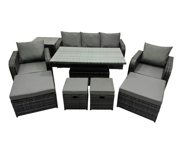 Rackhams Rattan Garden Furniture Dining Set 8 seater Patio Height Adjustable Rising Table Sofa Set with Side Table 2 Big Footstool Dark Grey Mixed - image 1
