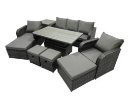Rackhams Rattan Garden Furniture Dining Set 8 seater Patio Height Adjustable Rising Table Sofa Set with Side Table 2 Big Footstool Dark Grey Mixed - thumbnail 2