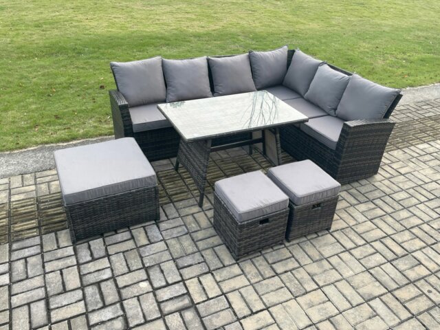 Rackhams Outdoor Furniture Garden Dining Set Rattan Corner Sofa Set Rectangular Dining Table with Temper Glass 3 Footstools Dark Grey Mixed - image 1