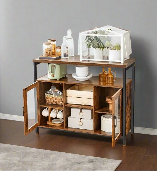 Rackhams Rustic Sideboard Buffet Table with Glass Doors – Storage Cabinet with Adjustable Shelves - image 1