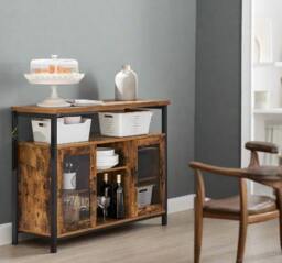 Rackhams Rustic Sideboard Buffet Table with Glass Doors – Storage Cabinet with Adjustable Shelves - thumbnail 2