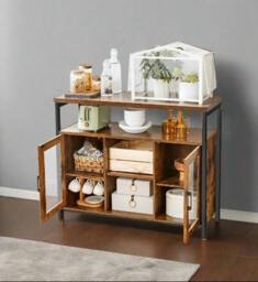 Rackhams Rustic Sideboard Buffet Table with Glass Doors – Storage Cabinet with Adjustable Shelves - thumbnail 1
