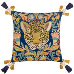Rackhams Regal Embroidered Leopard Cushion Cover - Royal Blue - 50cm x 50cm - Royal Blue - 100% Cotton - thumbnail 1