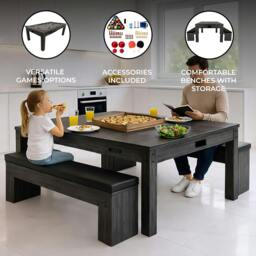 Rackhams 7-In-1 Games Table & Storage Benches x 2 - Grey - thumbnail 2