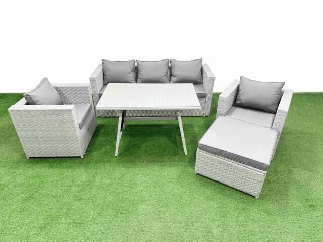 Rackhams 6 Pieces Outdoor PE Rattan Sofa Armchair Set Patio Garden Furniture Sets with Cushions Big Stool Light Grey - image 1