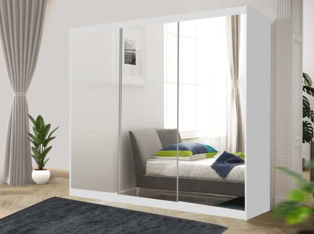 Rackhams Stylish Bedroom Sliding Wardrobe - comes in White/Grey/Black/Oak and Width 100cm/120cm/150cm/180cm/203cm/250cm - 250cm - White - image 1