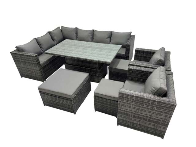Rackhams 11 seater Height Adjustable Rising Lifting Table Corner Sofa Set Rattan Garden Furniture Dining Set with 3 Stool Dark Grey Mixed - image 1
