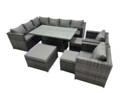 Rackhams 11 seater Height Adjustable Rising Lifting Table Corner Sofa Set Rattan Garden Furniture Dining Set with 3 Stool Dark Grey Mixed